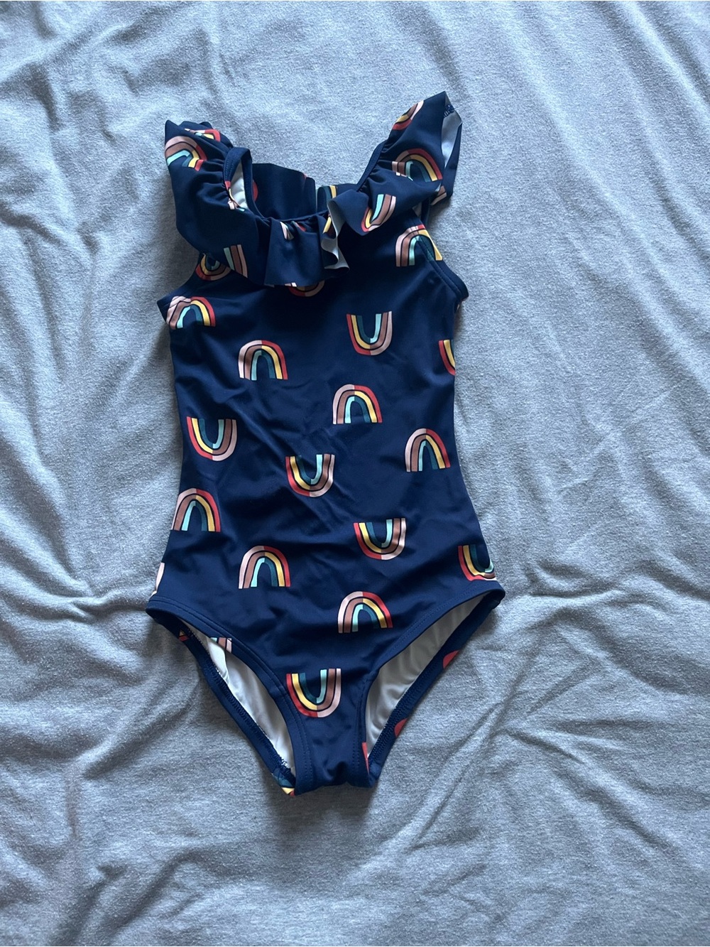 Hanna Andersson Navy Ruffled Rainbow-Print One-Piece Swimsuit